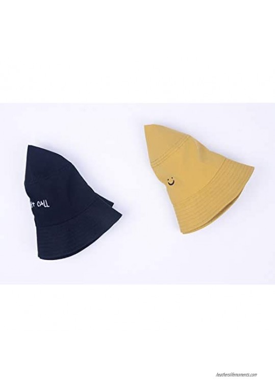 Smile-Bucket Hat Cotton-Embroidery Hat for Women Foldable Outdoor Cap 2 Pcs