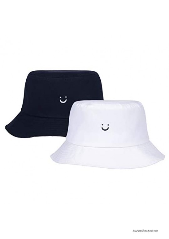 Smile-Bucket Hat Cotton-Embroidery Hat for Women Foldable Outdoor Cap 2 Pcs