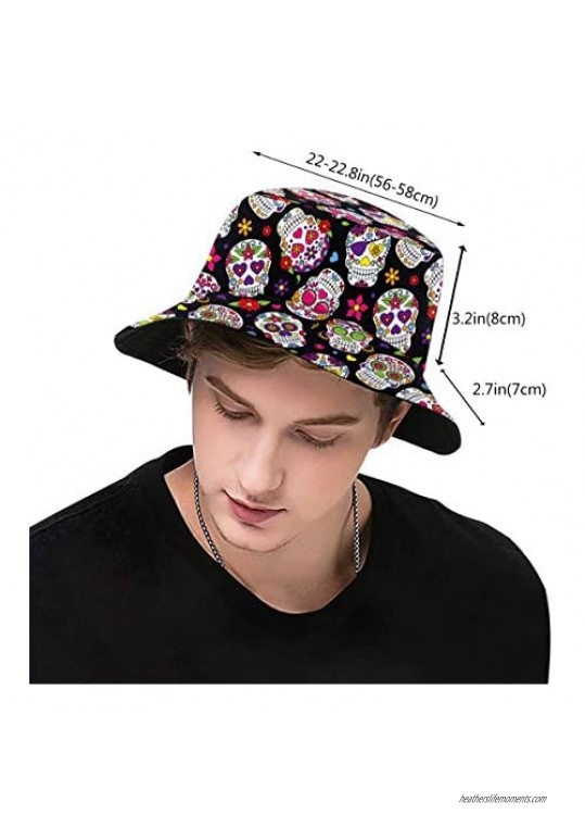 Sugar Skull Bucket Hat Reversible Fisherman Cap Beach Sun Hats for Men Women Boys and Girls Black