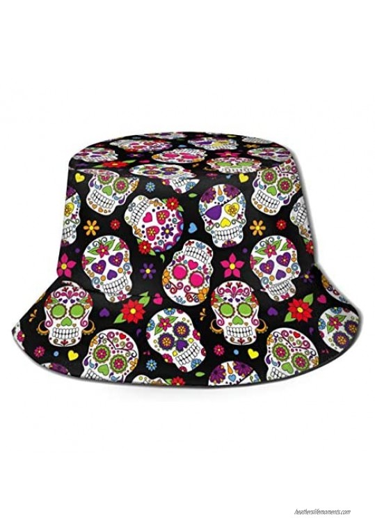 Sugar Skull Bucket Hat Reversible Fisherman Cap Beach Sun Hats for Men Women Boys and Girls Black