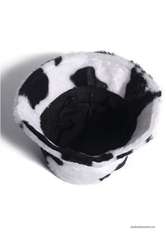Women-Bucket-Hats Cows-Printed Faux-Fur Fisherman-Cap - Unisex Fashion Adjustable Bucket Hat Winter