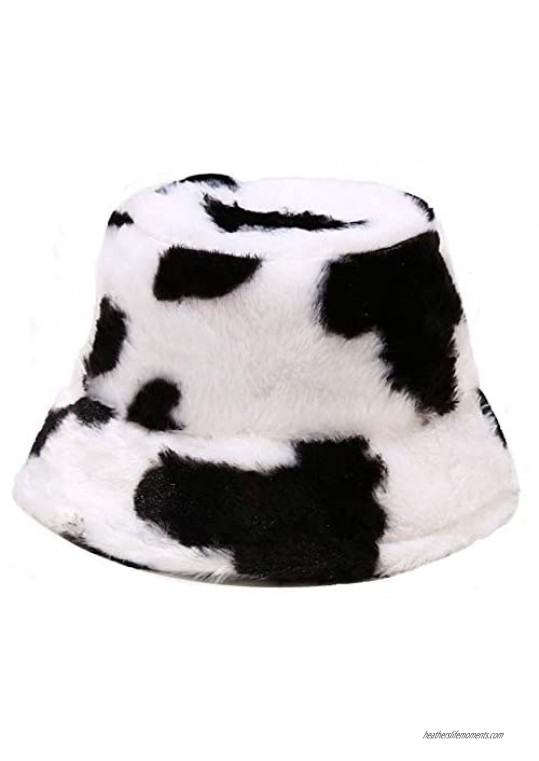 Women-Bucket-Hats Cows-Printed Faux-Fur Fisherman-Cap - Unisex Fashion Adjustable Bucket Hat Winter