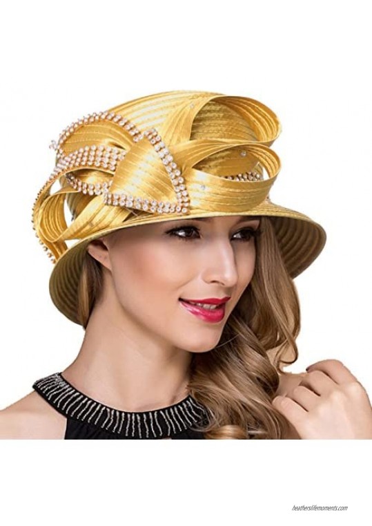 Women Kentucky Derby Church Dress Cloche Hat Fascinator Floral Tea Party Wedding Bucket Hat S052 (SD707-Gold)