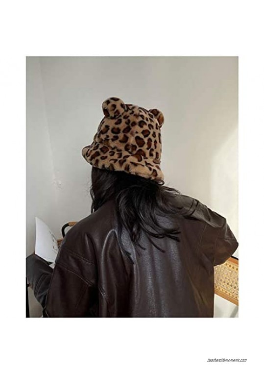 Women's Winter Bear Bucket Hats Faux Fur Fisherman Cap Warm Ladies Cap Outdoor Windproof Cap