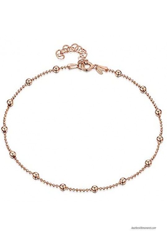 14K Rose Gold Plated on 925 Sterling Silver Adjustable Anklet - Classic Chain Ankle Bracelets - 9 to 10 inch - Flexible Fit