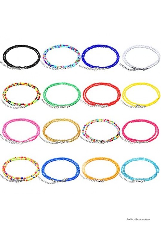 16 Pieces Handmade Beaded Anklet African Seed Beaded Anklet Adjustable Summer Hawaii Colorful Foot Chain for Women Girls