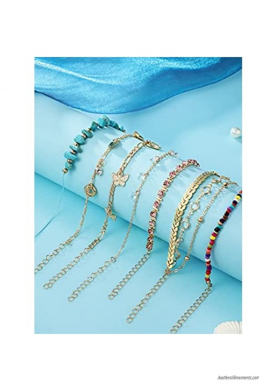 17 Pieces Multi-layer Layered Charm Beads Ankle Bracelet Ankle Chains Foot Chains Boho Beach Anklets Adjustable Beads Shell Turtle Foot Jewelry for Women Girl