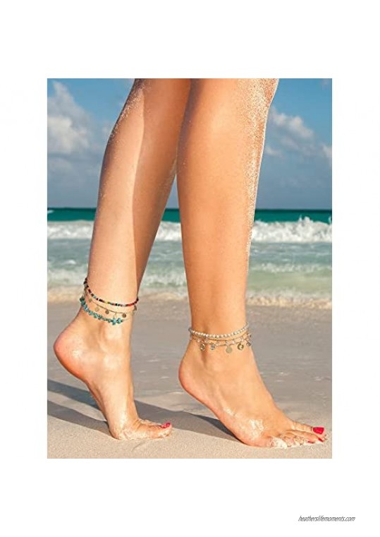 17 Pieces Multi-layer Layered Charm Beads Ankle Bracelet Ankle Chains Foot Chains Boho Beach Anklets Adjustable Beads Shell Turtle Foot Jewelry for Women Girl