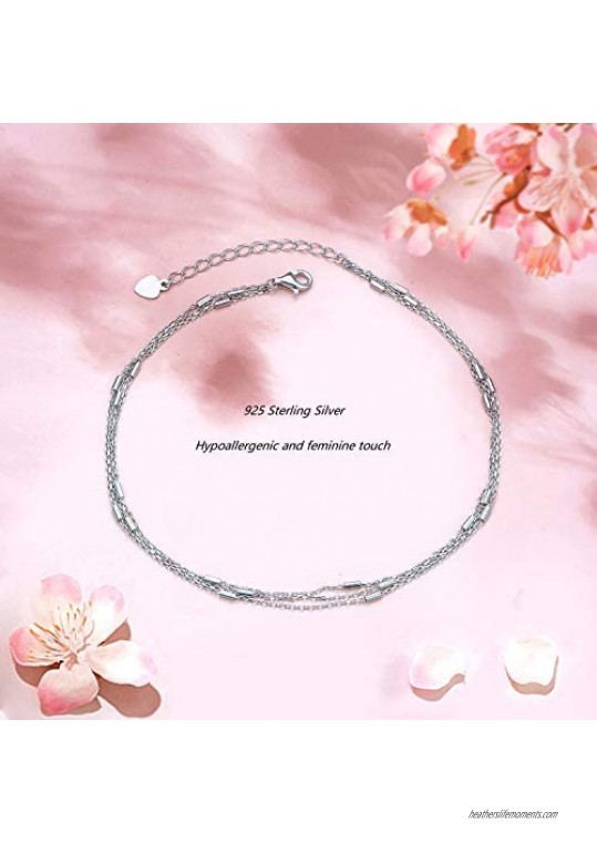925 Sterling Silver Dainty Multi-layer Bar Anklet for Women Girls Adjustable 9+1.5 Inch Beach Foot Ankle Bracelet Simple Anklets