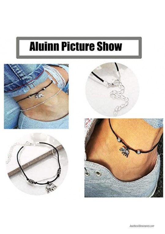Aluinn Elephant Layered Anklet Fashion Black Rope Beaded Ankle Bracelet Silver Ankle Chain for Women and Teen Girls