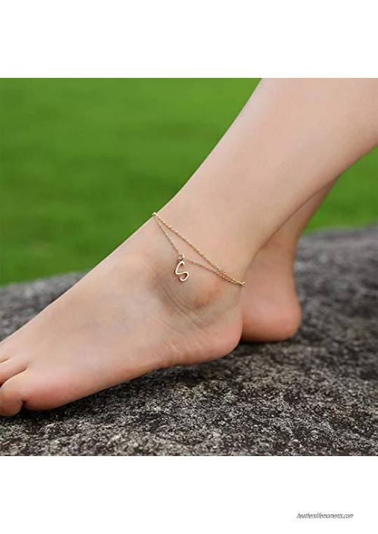 Ankle Bracelets for Women Initial Letter 14K Gold Plated Initial Anklets Stainless Steel Letter Symbol Pendant Bracelet Double Layer Chains Birthday Gifts for Women Teen Girls 26 Letter Options A-Z