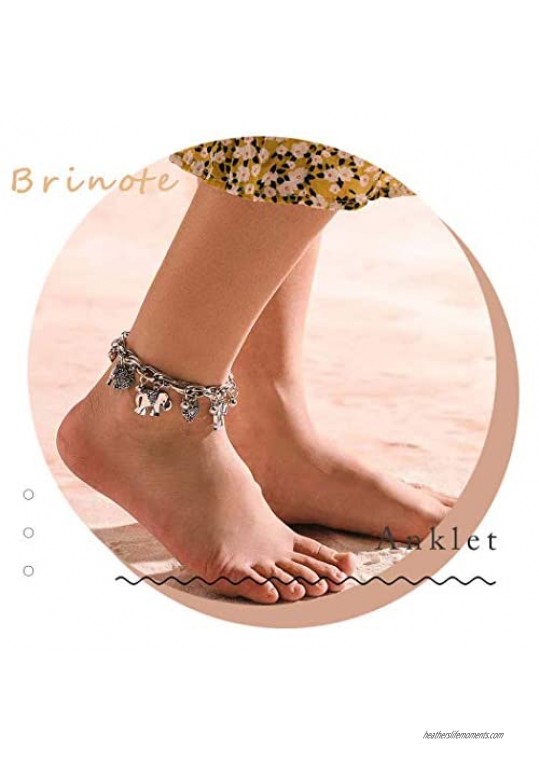Brinote Boho Elephant Foot Chain Silver Heart Anklet Beach Bead Ankle Bracelet Jewelry for Women and Girls