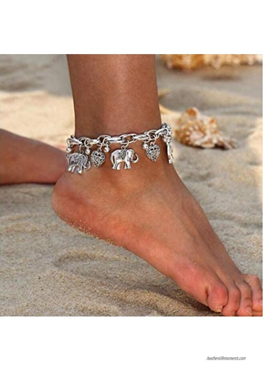 Brinote Boho Elephant Foot Chain Silver Heart Anklet Beach Bead Ankle Bracelet Jewelry for Women and Girls