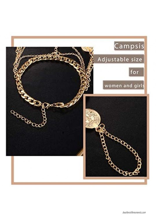 Campsis Boho Layered Coins Anklet Gold Tassel Ankle Chain Beach Barefoot Foot Jewelry for Women and Girls