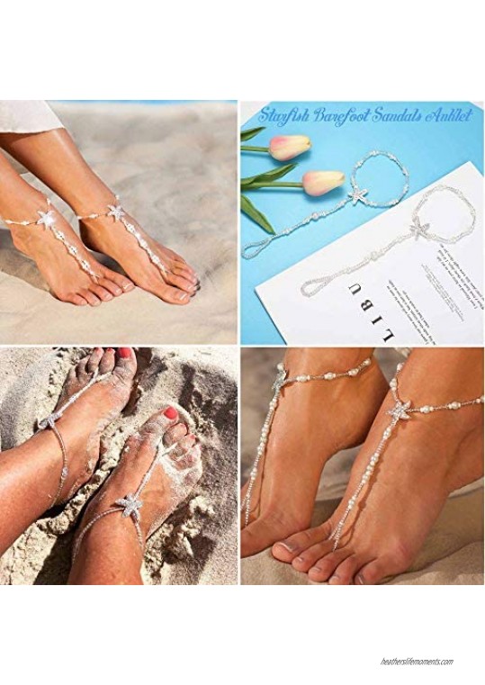 CASSIECA 2 Pairs Pearl Ankle Chain Barefoot Sandals with Starfish Women Lady's Beach Wedding Foot Jewelry