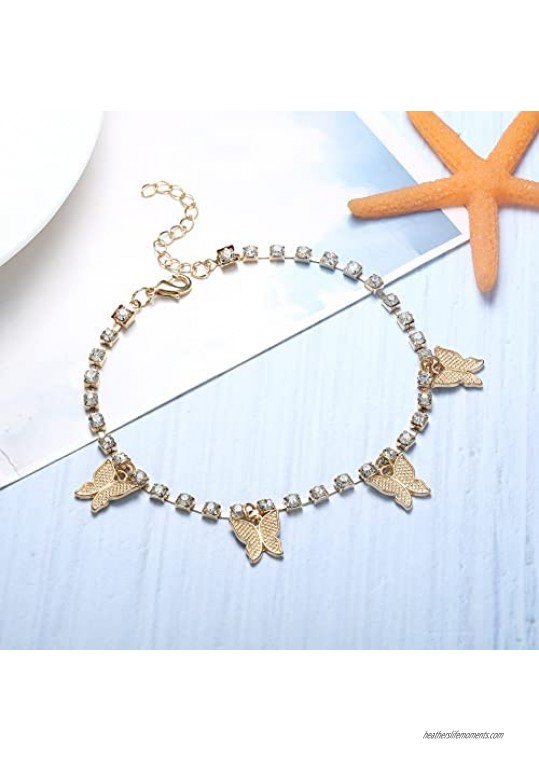 CASSIECA 2 Pcs Butterfly Anklet Bracelets for Women Rhinestone Tennis Anklets Layered Adjustable Chain Anklets Foot Jewelry