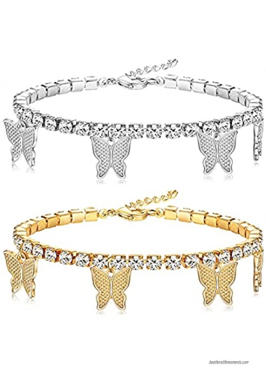 CASSIECA 2 Pcs Butterfly Anklet Bracelets for Women Rhinestone Tennis Anklets Layered Adjustable Chain Anklets Foot Jewelry