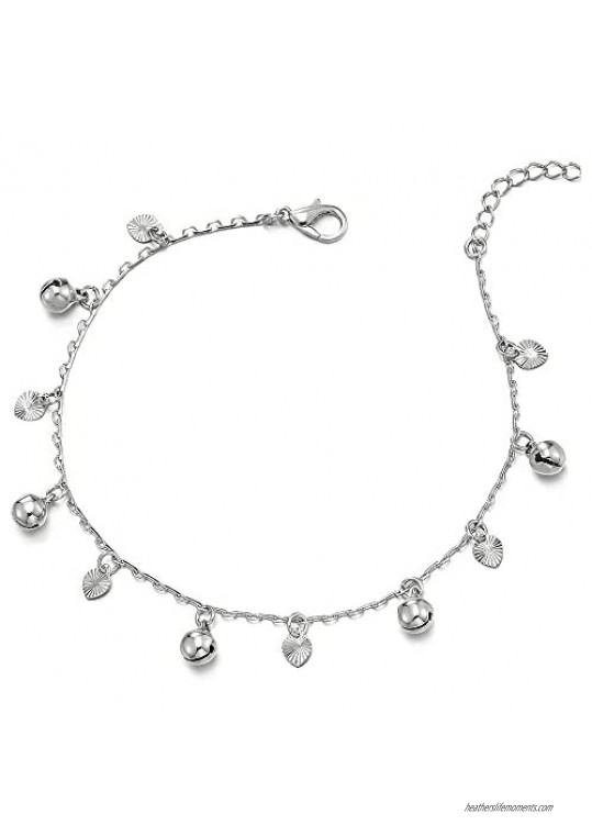 COOLSTEELANDBEYOND Beautiful Link Chain Anklet Bracelet with Dangling Grooved Hearts and Jingle Bells  Adjustable