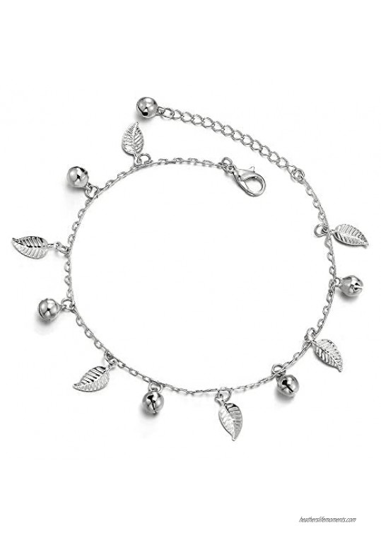 COOLSTEELANDBEYOND Unique Link Chain Anklet Bracelet with Dangling Charms of Leaves and Jingle Bells Adjustable