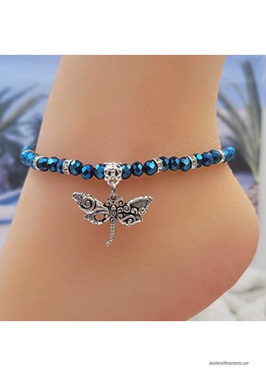 Dragonfly Luster BLUE Hue Faceted Crystal Glass Artisan Beaded Anklet with Extension | Handmade Hypoallergenic Beach Gala Wedding Style Jewelry