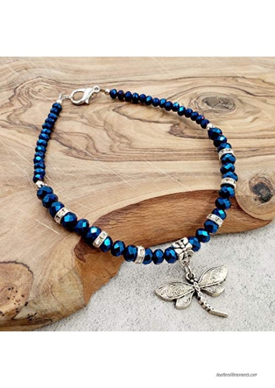 Dragonfly Luster BLUE Hue Faceted Crystal Glass Artisan Beaded Anklet with Extension | Handmade Hypoallergenic Beach Gala Wedding Style Jewelry