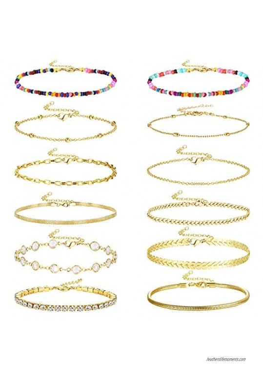 Fiasaso 12 Pcs Ankle Bracelet for Women Teen Egirl Boho 14K Gold Plated Chain Beach Anklet Bracelet Gold Anklet Bead Anklets Jewelry Anklet Set Adjustable Size