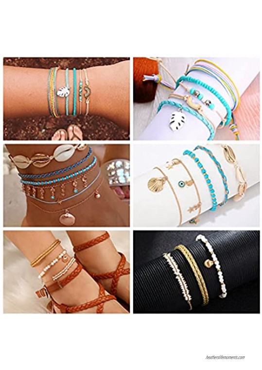 Florideco 25 PCS Ankle Bracelets for Women Boho Starfish Leaf Shell Beach Anklet Bracelet Adjustable Layered Figaro Chain Ankle for Foot Jewelry Friendship Gift