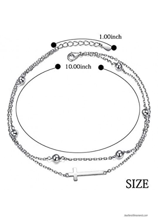 Flyow Anklet for Women S925 Sterling Silver Adjustable Foot Beaded Cross/Crescent Moon And Star/Butterfly Ankle Bracelet Anklets Jewelry