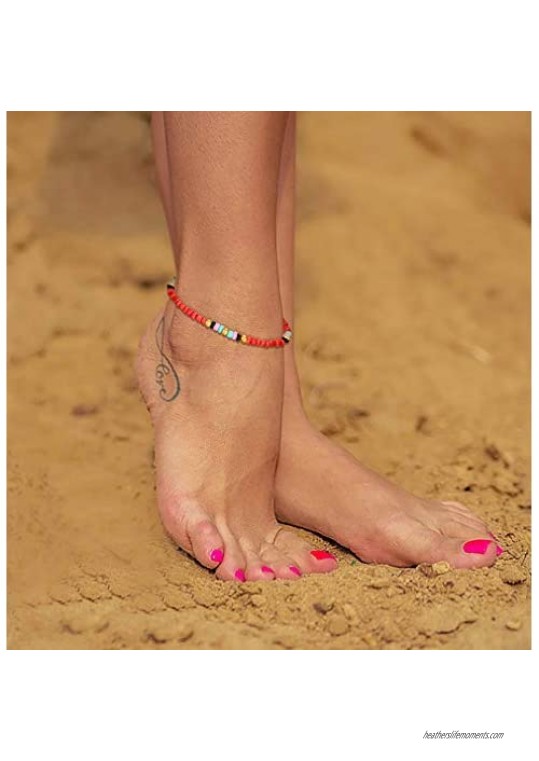 FUNEIA 12-15Pcs Beaded Anklets for Women Handmade Boho Colorful Hawaii Tiny Seed Bead Ankle Bracelets Set Adjustable Chain Foot Jewelry