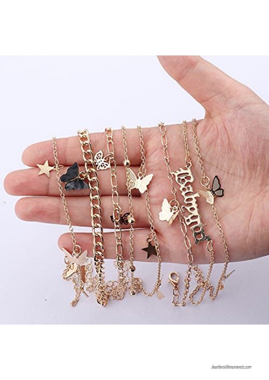 Hanpabum 6Pcs Butterfly Ankle Bracelets for Women Layered Boho Anklets Silver Gold Tone Adjustable Summer Beach Foot Jewelry