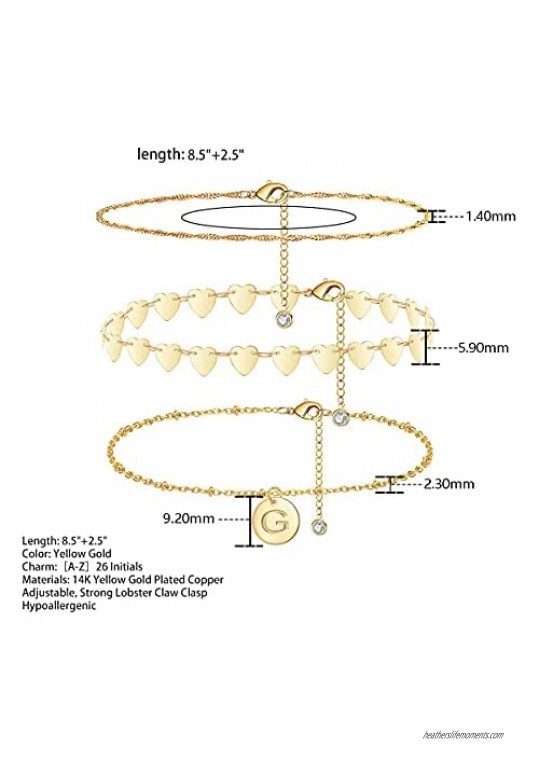 Heart Gold Initial Anklet for Women 14k Real Gold Plated Anklet Dainty Layered Bracelets 3pcs