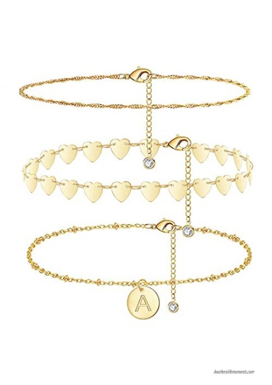 Heart Gold Initial Anklet for Women 14k Real Gold Plated Anklet Dainty Layered Bracelets 3pcs