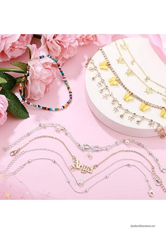 Hicarer 10 Pieces Anklets for Women Cute Charms Butterfly Ankle Bracelets Colorful Rhinestone Anklets Boho Beach Layered Chain Anklets for Girls Foot Jewelry
