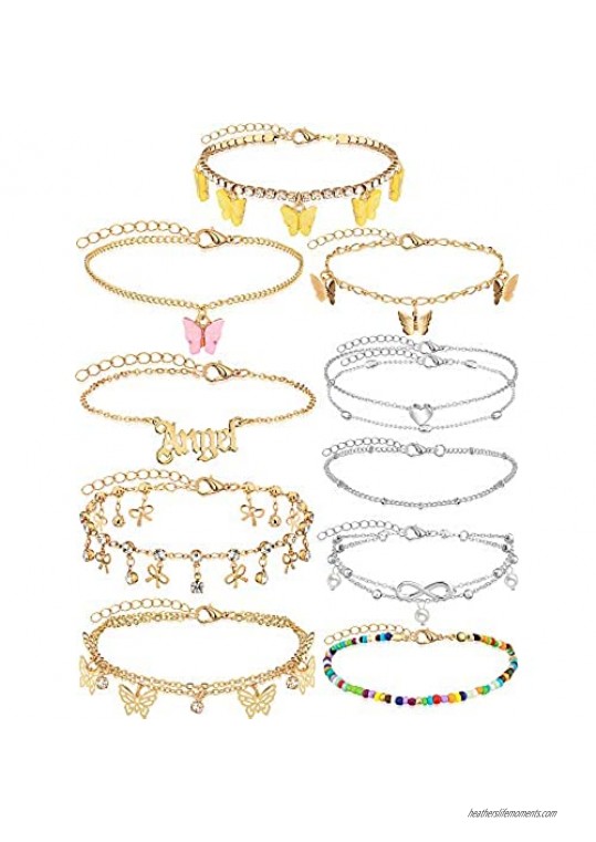 Hicarer 10 Pieces Anklets for Women Cute Charms Butterfly Ankle Bracelets Colorful Rhinestone Anklets Boho Beach Layered Chain Anklets for Girls Foot Jewelry