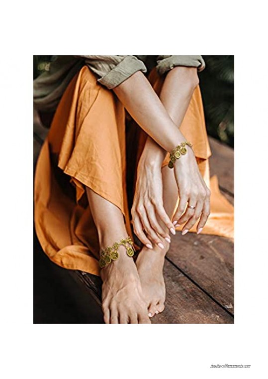 Hicarer 4 Pieces Bohemian Gold Coin Anklet Bohemian Tassel Anklet Adjustable Alloy Foot Hand Jewelry