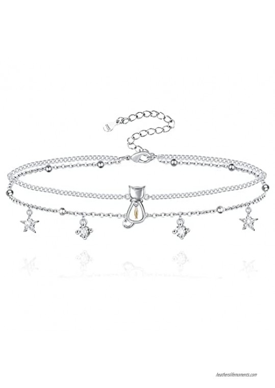 Hxillery Anklet for Women 925 Sterling Silver Sunflower Butterfly Cross Cat Fish Star Leaf Clover Double Layered Anklets Bracelet Foot Gifts Simple Dainty Beach Adjustable for Teen Friends Girls
