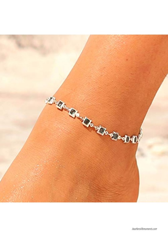 Jovono Blue Boho Crystal Anklets Fashion Anklet Bracelets Beach Foot Jewelry for Women and Girls (Silver)