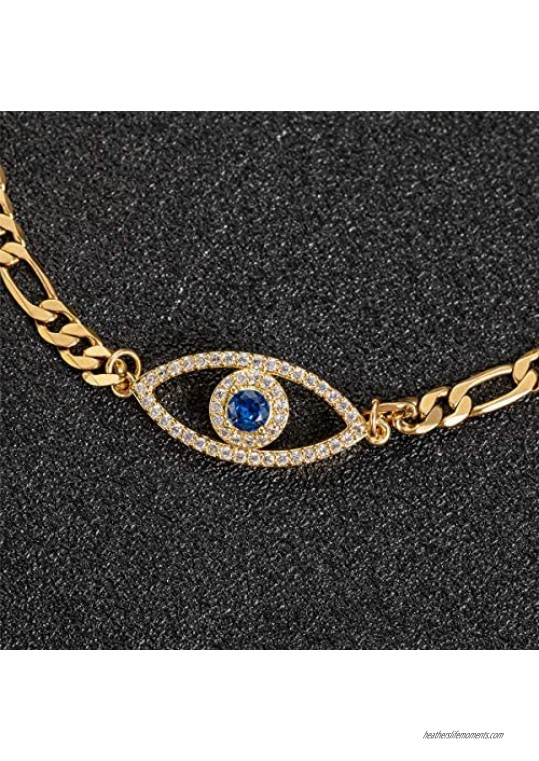 kelistom Evil Eye Anklet for Women Teen Girls Dainty Real 18K White Gold Figaro Chain Bracelet Anklet for Women Zircon Filled Evil Eye Charm Ankle Bracelets Minimalist Jewelry