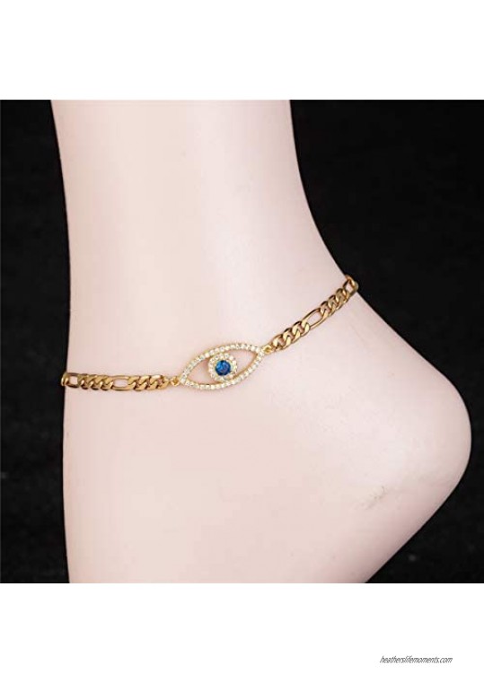 kelistom Evil Eye Anklet for Women Teen Girls Dainty Real 18K White Gold Figaro Chain Bracelet Anklet for Women Zircon Filled Evil Eye Charm Ankle Bracelets Minimalist Jewelry
