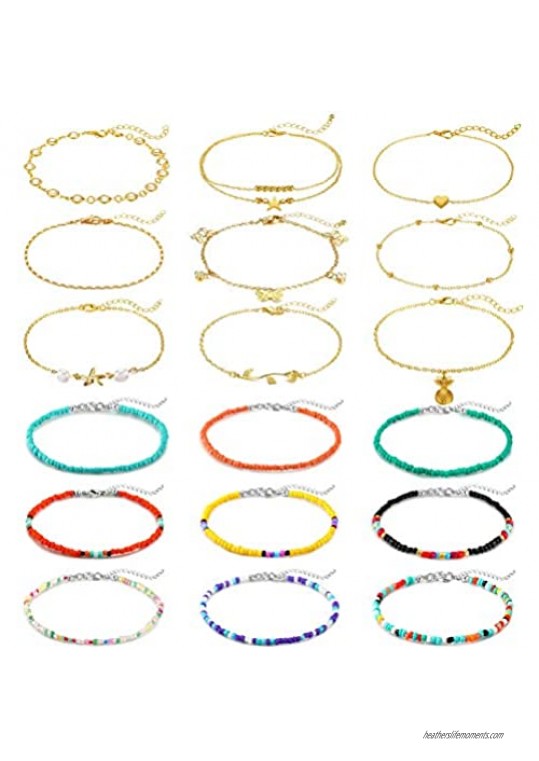 KOHOTA Anklets for Women Silver Gold Ankle Bracelets Colorful Handmade Beaded Anklets Set Boho Layered Beach Adjustable Chain Anklet Barefoot Foot Jewelry