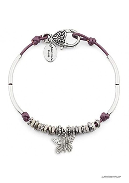 Lizzy James Lola Anklet w Butterfly Charm in Metallic Berry Leather Silver Plate Crescents