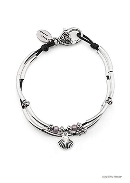 Lizzy James Lucy Anklet in Natural Black Leather Silver Plate Crescents Freshwater Pearls and Silver Shell Charm