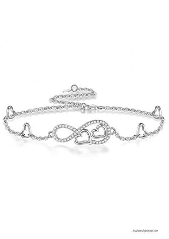 Love Heart Infinity Ankle Bracelet For Women   925 Sterling Silver Charm Adjustable Anklet  Large Bracelet