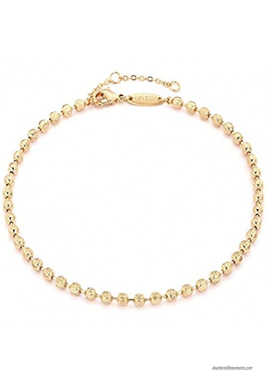 MEVECCO Gold Beaded Anklet 14K Gold Plated Handmade Cute Satellite Diamond Cut Oval and Round Beads Rope Chain Dainty Anklet for Women