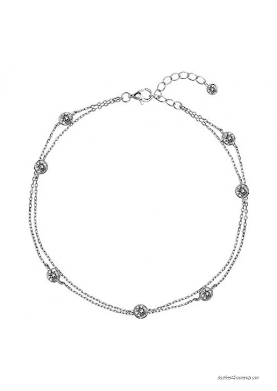 MIA SARINE Rhodium Plated Sterling Silver 10 Inch Cubic Zirconia Double Layer CZ by the Yard Anklet for Women