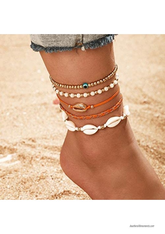 Mosako Boho Layered Anklets Shell Ankle Bracelets Gold Beaded Ankle Chain Evil Eyes Braided Rope Handmade Foot Chains Beach Foot Jewelry Sand designed elegant Charm Adjustable for Women and Girls 5Pcs