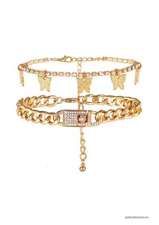 Nanaroza Butterfly Cuban Anklet Gold Layered Anklet Bracelet for Women Cuban Link Bling Butterfly CZ Silver Anklet Boho Beach Chain Anklets Foot Jewelry