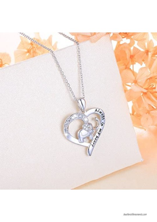 S925 Sterling Silver Lucky Elephant Love Heart Necklace for Women Daughter Girlfriend