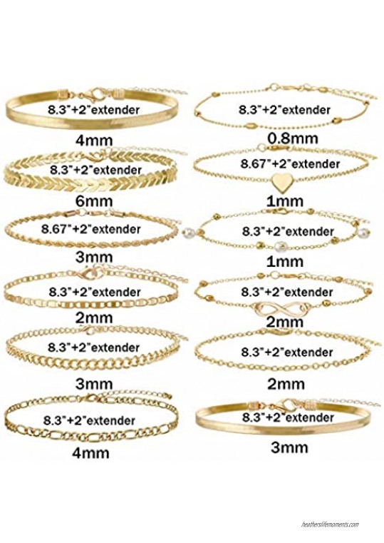 Sincahfy Ankle Bracelets for Women Gold Chain Anklet Adjustable Arrow Infinity Heart Anklet Snake Chain Summer Barefoot Sandals Beach Foot Jewelry Leg Chain 12 PCS