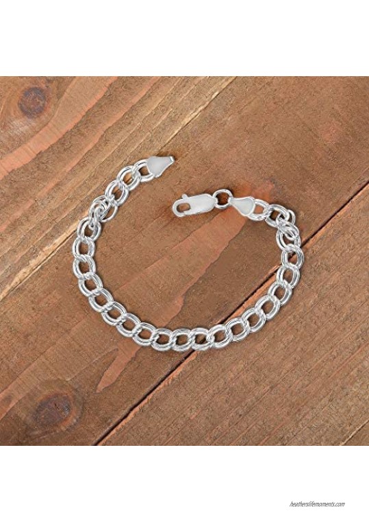 Sterling Silver 7MM & 8MM Double Link Charm Bracelet Anklet Light Weight Nickel Free